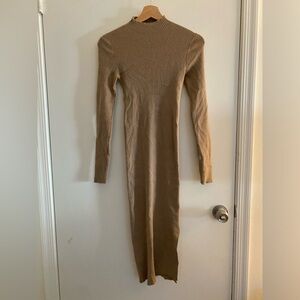Taupe Ribbed Fitted Mock Neck Long Sleeve Maternity Midi Dress from Pinkblush